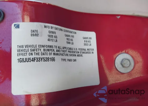 2003 Saturn L-Series L200 from USA, damaged, VIN 1G8JU54F33Y528166